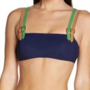 Tory Burch Navy Bandeau Bikini Top Green Tan Buckle Straps Small Designer Swim